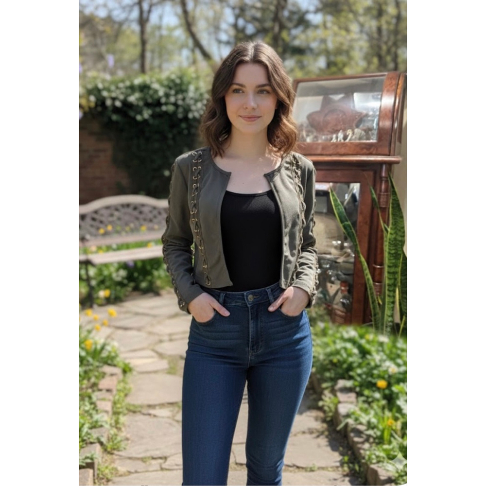 Star Style Olive Green Lace Up Crop Jacket Small